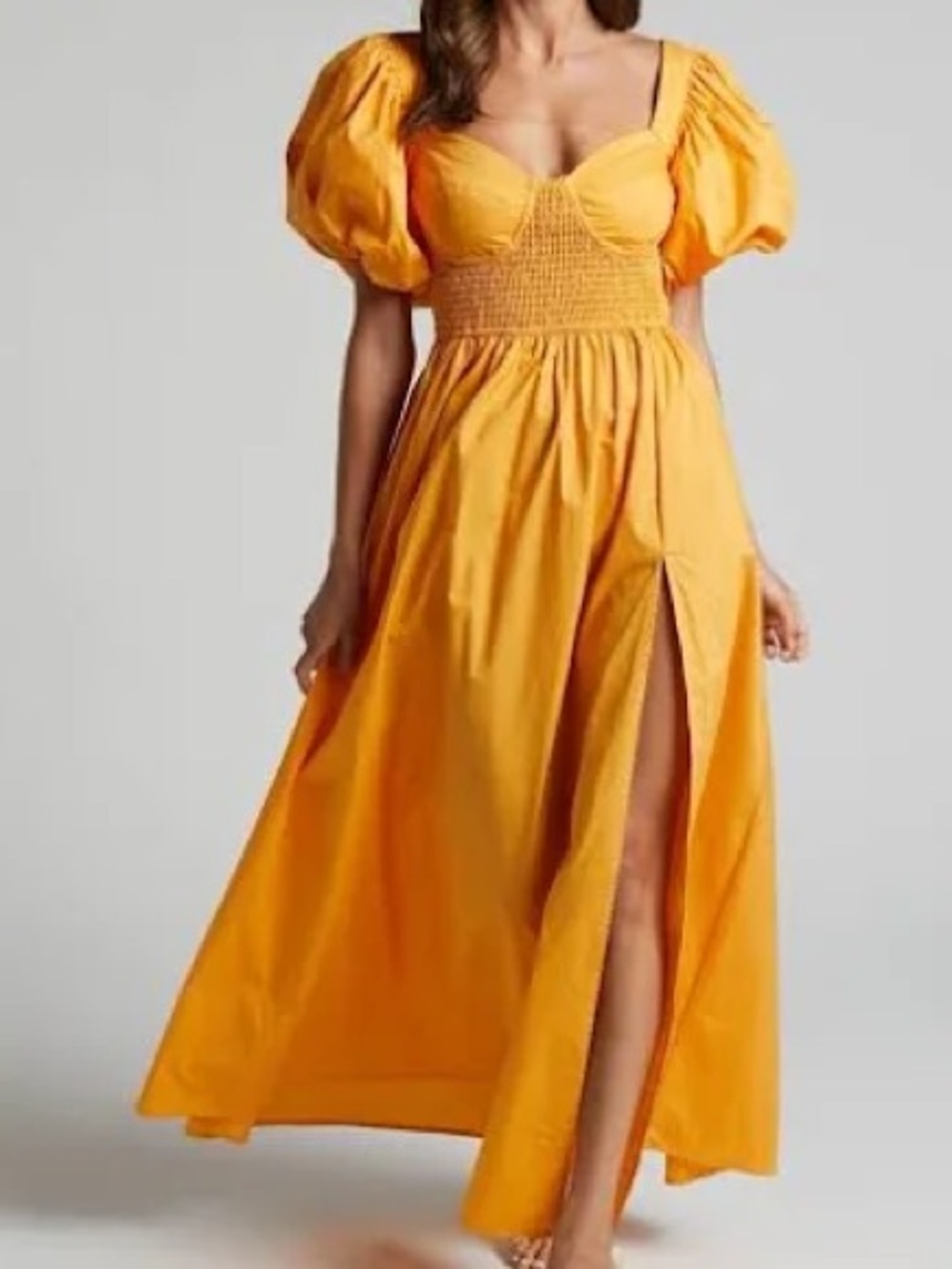 Showpo Yellow Puff-Sleeve Maxi Dress with Smocked Bodice and High Slit